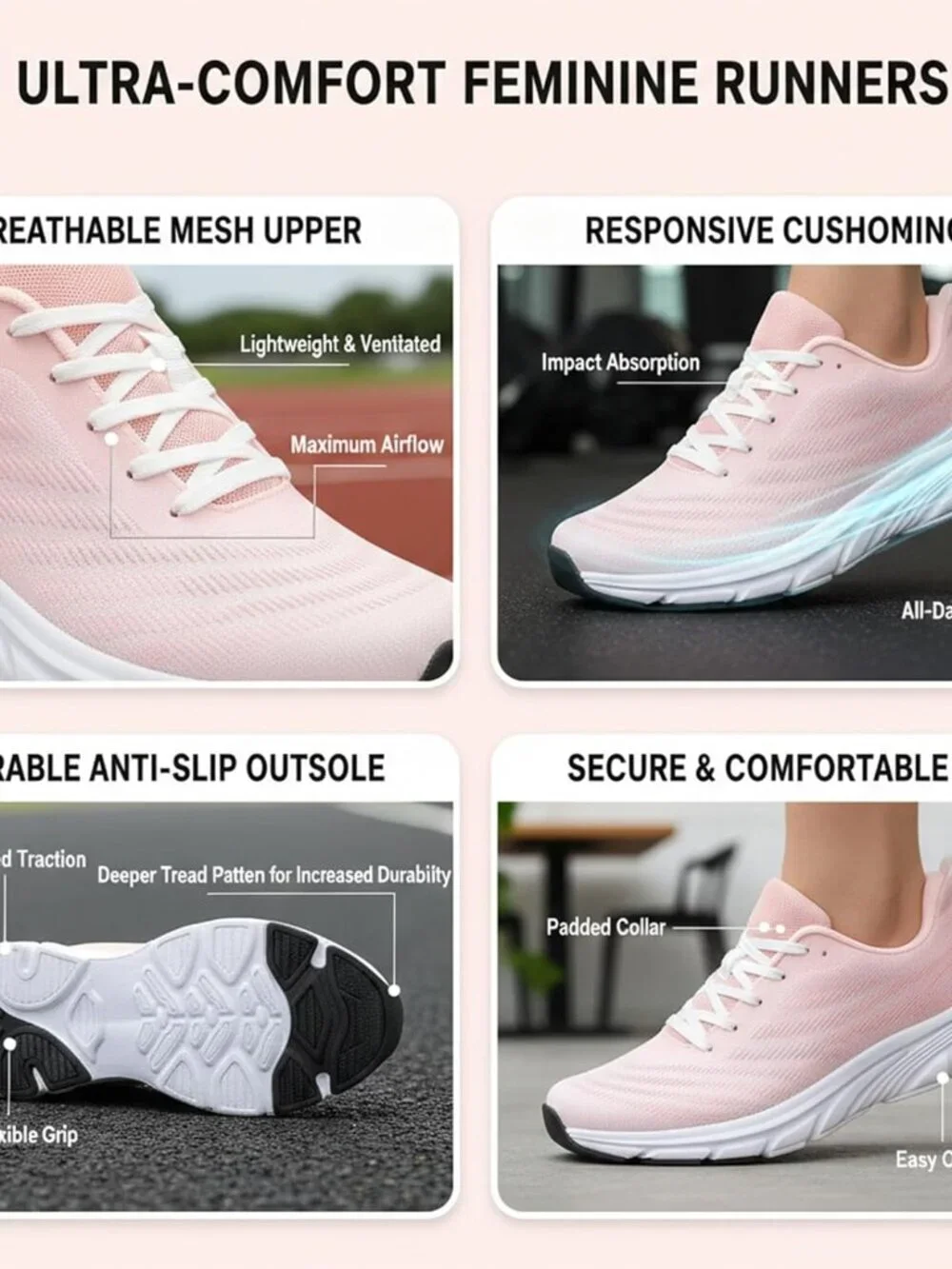 Women's Pink Running Shoes Breathable Casual Non Slip Walking Sneakers